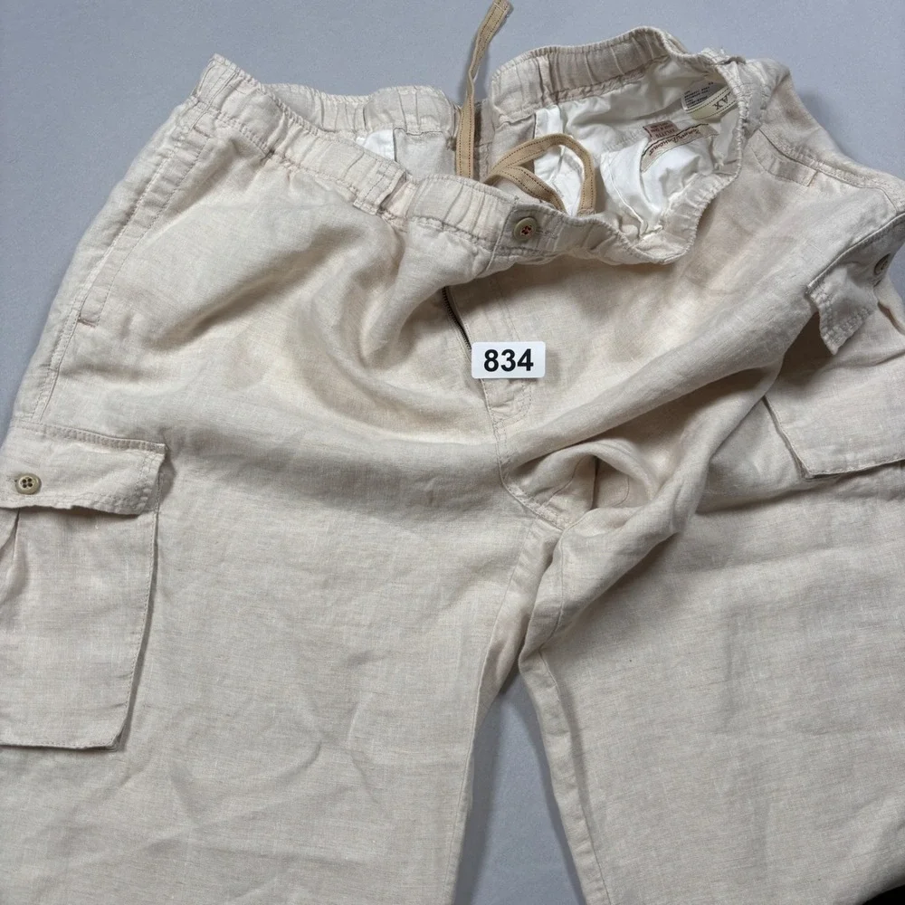 Tommy Bahama 100% Linen Cargo Pants Mens XXL Beige Relax Drawstring Waist